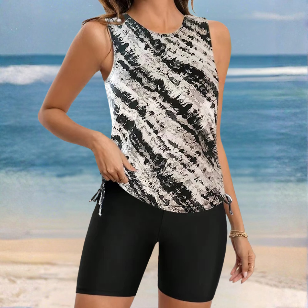 Jocelynn | Printed Two-Piece Tankini Set with Drawstring & Knee-Length Shorts
