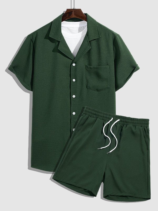 Men's textured Cuban collar shirt casual shorts set